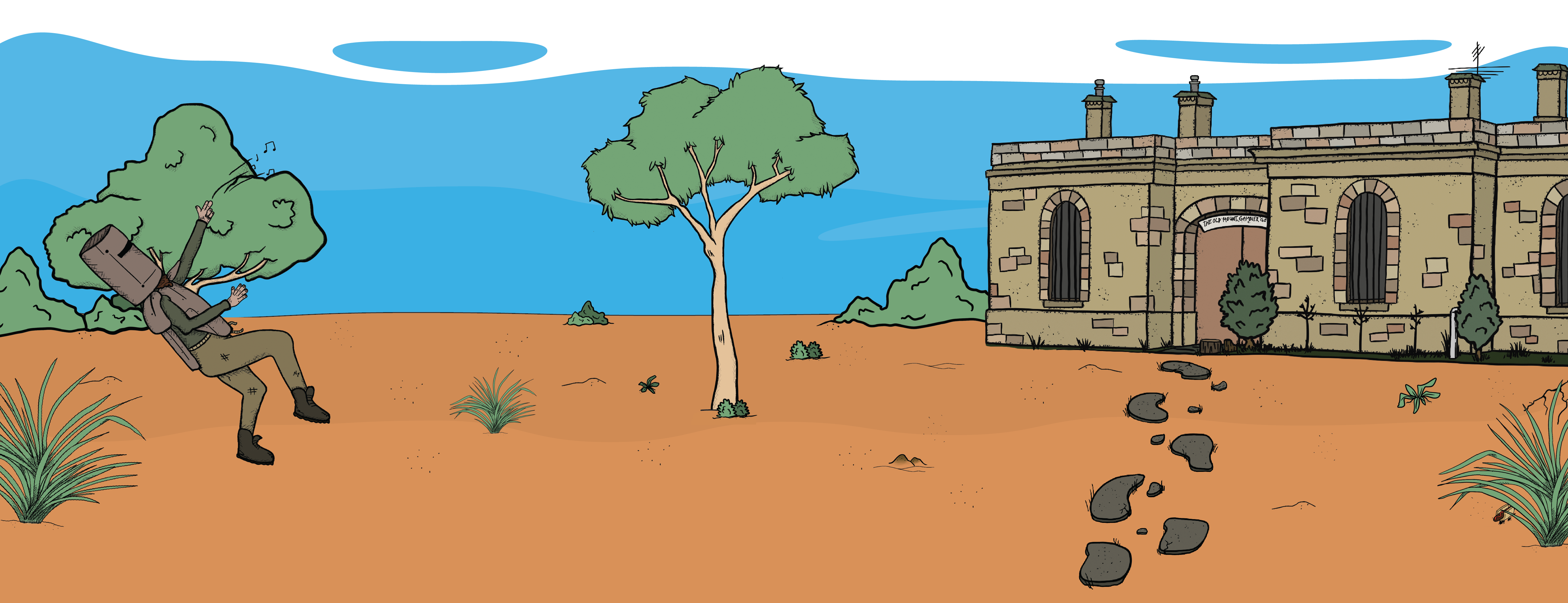 Illustrated image of Australian outback with Ned Kelly shooting a finger-gun, native flora and the Old Mt Gambier Gaol